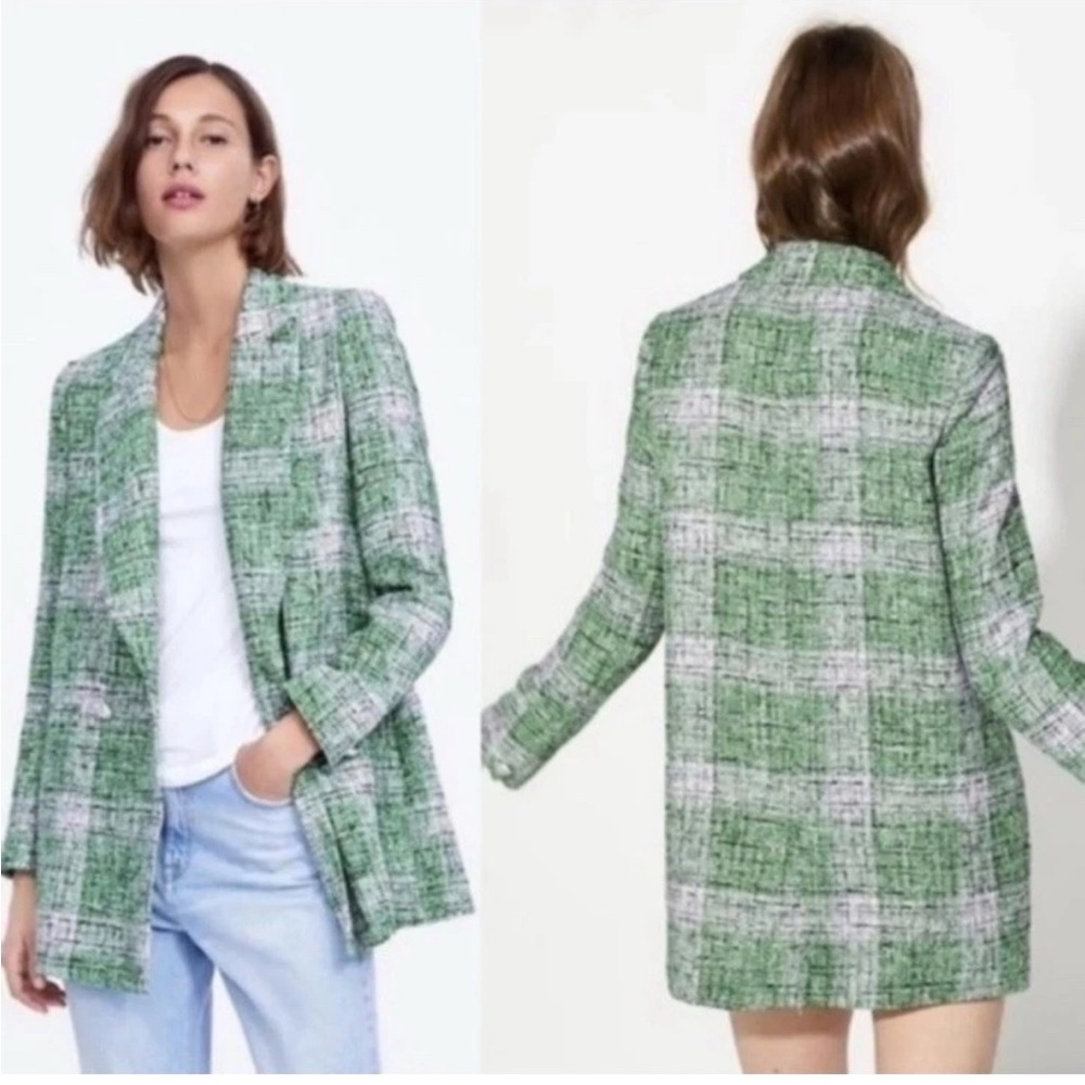 Blogger Favorite Zara Green Plaid Tweed Oversized Blazer Jacket Women’s Size XS